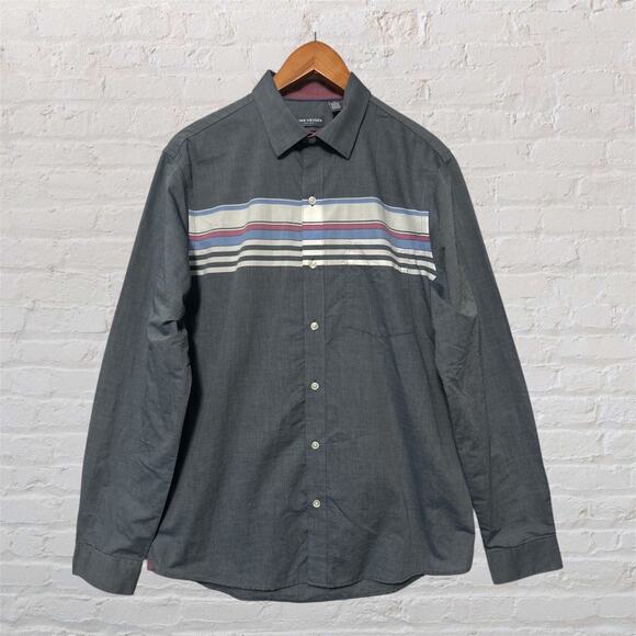 Van Heusen Slim Fit Shirt Men’s M Gray Long Sleeve Button Front Stripe Casual - Picture 1 of 10